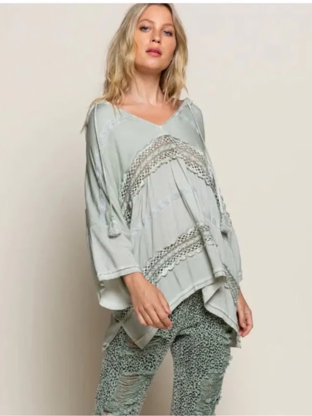 POL Sage Green Hooded Crochet Lace Top S Boho Distressed